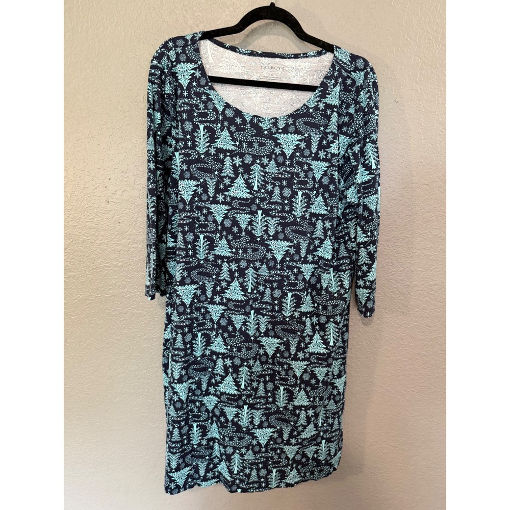 Talbots Womens XL Navy Teal Cotton Christmas Tree Snowflake Nightgown Sleepwear